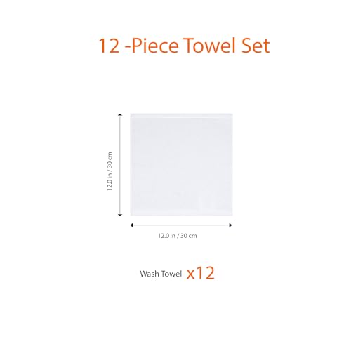Amazon Basics Cotton Washcloths 12-Pack, White 12x12 Inch Quick-Dry Face Towels