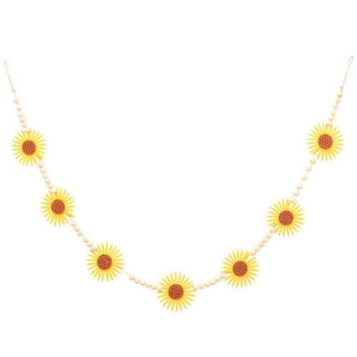 Farmhouse Wood Bead Garland with Felt Sunflowers and Tassels - 55 Inch