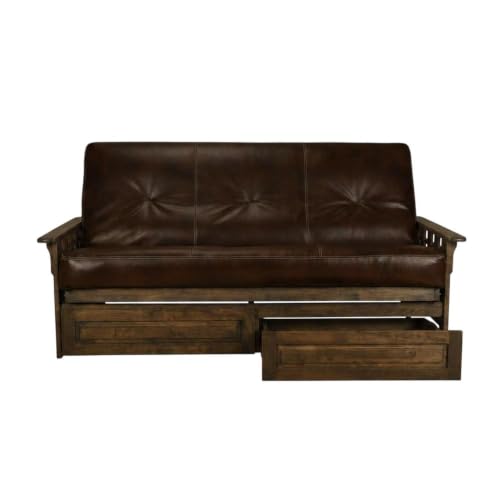 Full Size Futon Sofa Bed with Storage Drawers - Rustic Walnut Finish