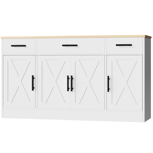 Farmhouse Wood Buffet Sideboard Cabinet with 3 Drawers & 4 Doors, 53.4"