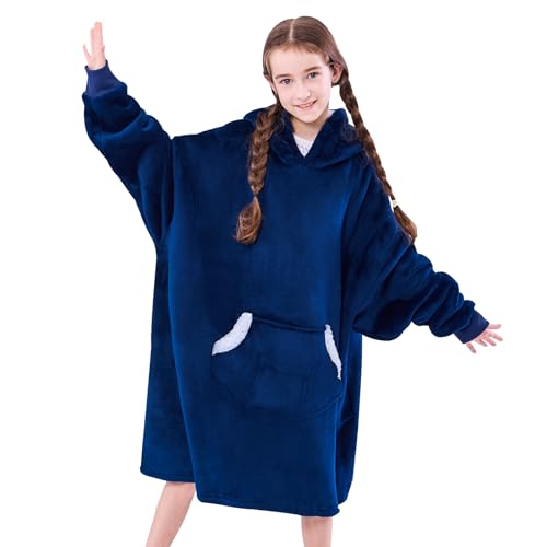 Nord Eco Navy Blue Wearable Blanket Hoodie for Kids & Teens 6-13 | Sherpa Fleece Hooded Blanket Sweatshirt
