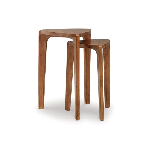 Triangular Nesting Side Tables, Solid Wood Set of 2, Medium Brown