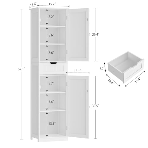 67" Tall Bathroom Storage Cabinet with 2 Doors, Drawer & Adjustable Shelves