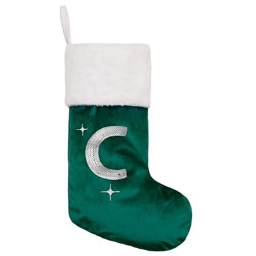 BHD Beauty Initial Green Velvet Silver Sequin Stocking with Monogram Letter C – 20-Inch Christmas Decoration
