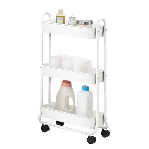 Slim 3-Tier Rolling Storage Cart - Narrow Steel Utility Organizer, White