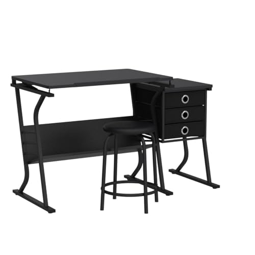 Height Adjustable Drafting Table with Stool and Storage Drawers