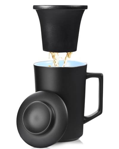 15 oz Ceramic Tea Mug with Lid & Porcelain Infuser - All Natural Filter, Microwave & Dishwasher Safe, BPA-Free, Black
