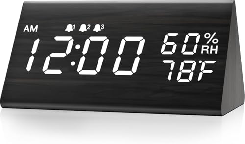 Wooden Digital Alarm Clock with Humidity and Temperature Display - Black