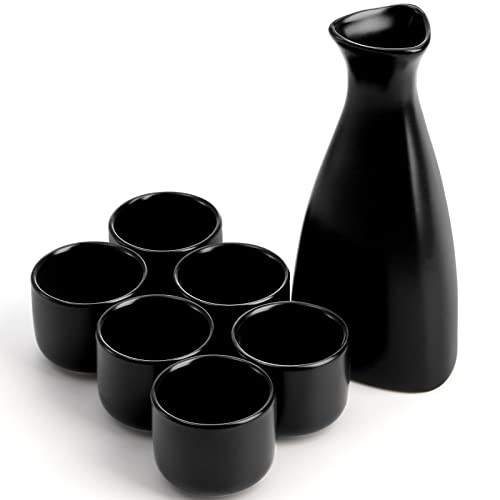 Tosnail Black Ceramic Sake Set - 1 Carafe & 6 Cups, Traditional Japanese Drinkware