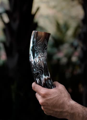 Handcrafted Viking Drinking Horn with Leather Holster and Stand - 12-14oz