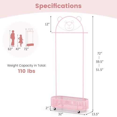 Kids Adjustable Garment Rack with Storage Basket and Wheels (Pink)