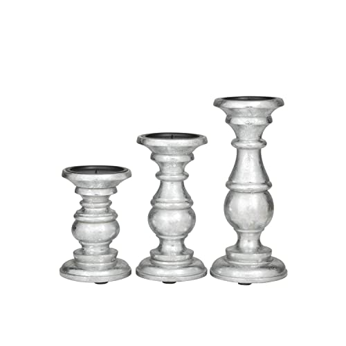 Deco 79 Traditional Mango Wood Pillar Candle Holder, Set of 3 10", 8", 6"H, Silver