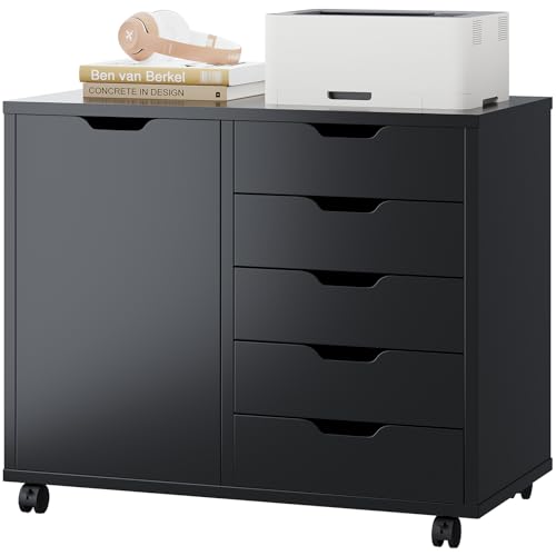 5-Drawer Mobile File Cabinet & Printer Stand with Adjustable Shelf, Black