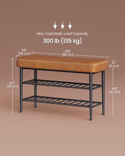 Mid-Century Modern Shoe Rack Bench, Upholstered Entryway Storage Bench, Caramel