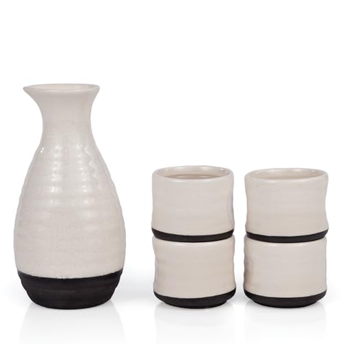White True Fervor Ceramic Sake Set with 4 Cups & 8 oz Carafe – Traditional Japanese Drinkware