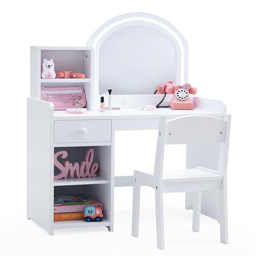 Kids Vanity Set with Lighted Mirror, Drawer, and Stool - White