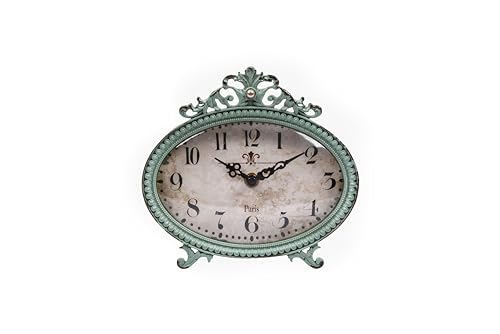 Distressed Aqua Pewter Mantel Clock - Vintage Style Scrollwork Table Clock