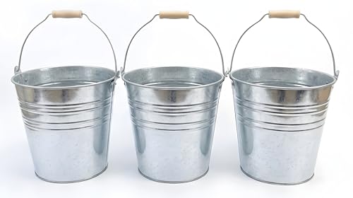 Galvanized Metal Buckets 3-Pack - Rustic Ice Buckets with Wooden Handles, 8.4 Quart