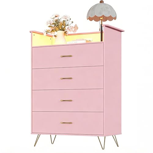 4-Drawer Modern Dresser with RGB LED Lights and Integrated Charging Station