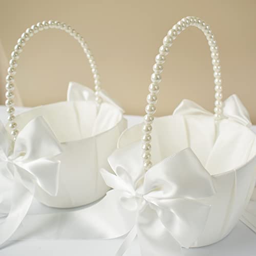 Ivory Satin Flower Girl Baskets with Pearl Handles - Set of 2