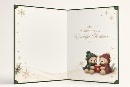 Purple Fox Son & Partner Christmas Card with Teddy Bears & Hot Chocolate