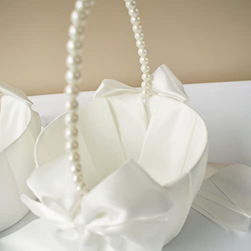 Ivory Satin Flower Girl Baskets with Pearl Handles - Set of 2