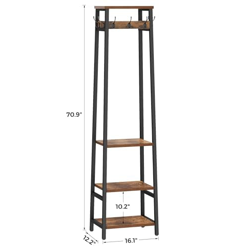 Freestanding Hall Tree with 3 Shelves and 7 Hooks, Industrial Coat Rack