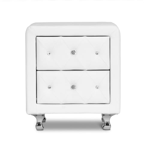 Tufted 2-Drawer Nightstand in White Faux Leather with Crystal Buttons