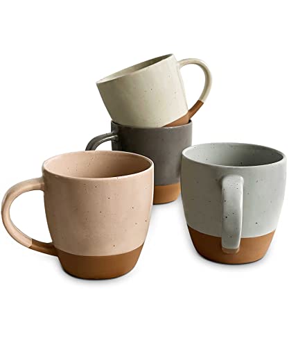 MORA Ceramic Latte Mug Set of 4 - 16oz Assorted Neutrals, Microwave Safe Porcelain Coffee Cups with Big Handles, Modern Boho Style