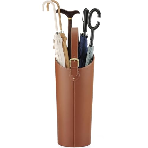 Tall Leather Umbrella Stand for Entryway with Drip Tray and 2 Hooks