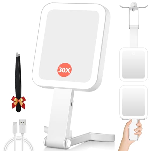 GOMIPURU Silver 30X/1X Double-Sided Magnifying Travel Mirror with Light, Adjustable Brightness