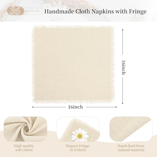 36-Pack Cotton Linen Cloth Napkins 16x16 Inch Handmade Fringed Dinner Napkins