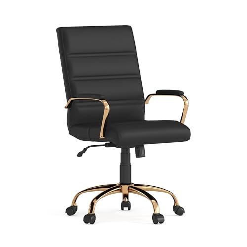 Mid-Back Swivel Office Chair with Gold Frame and Padded Armrests