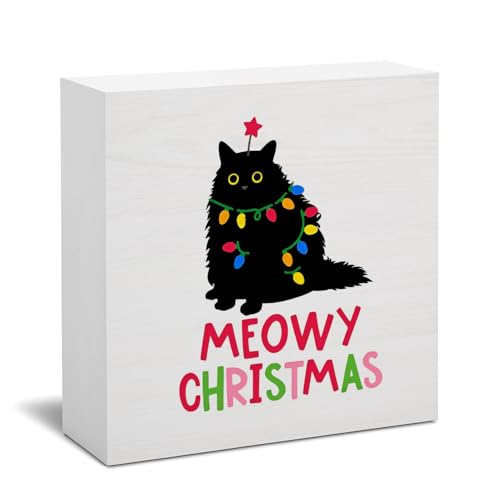 Meowy Christmas Cat Sign - Wheatwin Wooden Box Decor, 5x5 inches, Merry Christmas