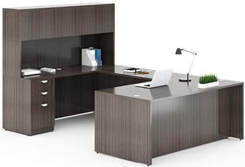 Boss Office U-Shape Desk Credenza with Hutch and Pedestal in Driftwood