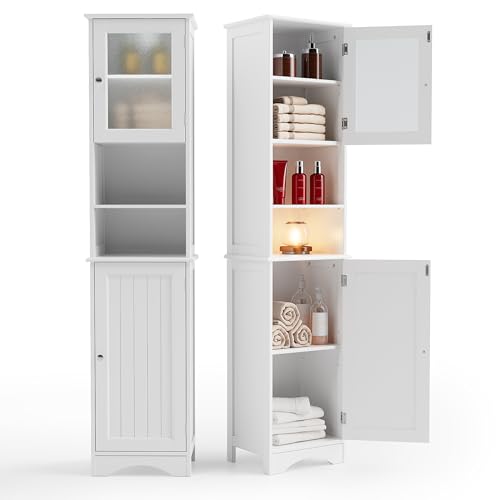 67-inch Tall Bathroom Storage Cabinet with Adjustable Shelves & Glass Doors