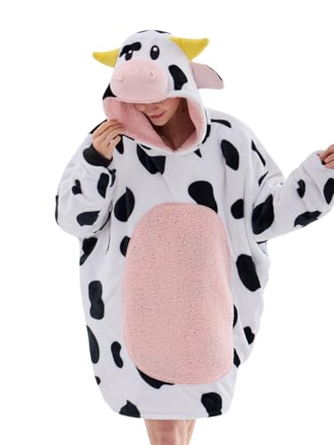 JUOLOET Pink Cow Wearable Blanket Hoodie for Adults, Hooded Sherpa Fleece with Pocket