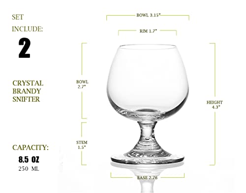 8.5 oz Crystal Brandy Snifter Glasses Set of 2 - Lead-Free Stemware for Cognac