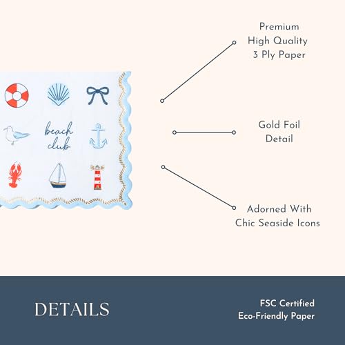 Bonjour Fête Nautical Cocktail Napkins 5-inch Pack of 20 for Summer Parties