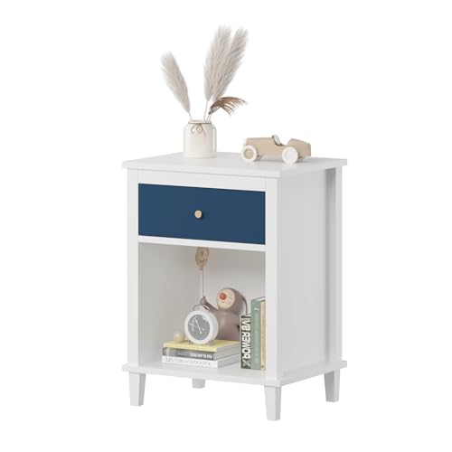 Modern Navy Nightstand with Drawer and Storage Shelf for Bedroom