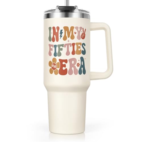 50th Birthday Gift Tumbler for Her 40oz Stainless Steel with Handle & Straw - 50s Era