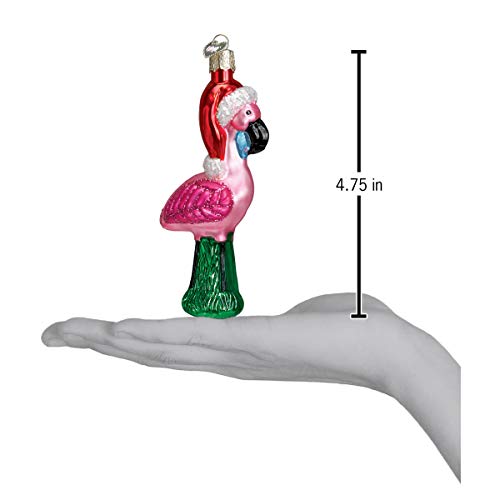 Glass Pink Flamingo Christmas Ornament with Santa Hat Handcrafted Decor
