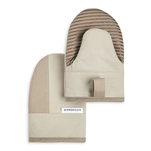 Non-Slip Heat Resistant Mini Oven Mitt Set - 2 Piece Silicone Grip (Tan)