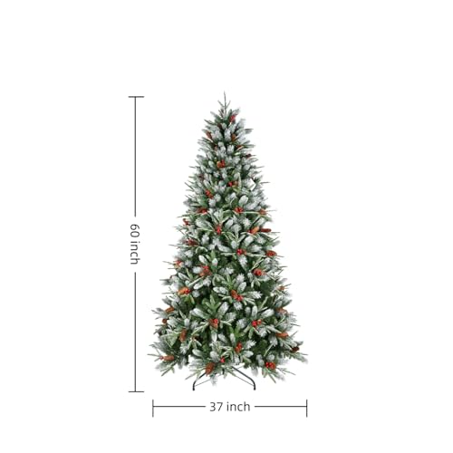 Trygoal 5FT Artificial Christmas Tree with Snow-Dusted Tips, Red Berries & Pine Cones, Pre-Decorated, Green, Hinged Stand