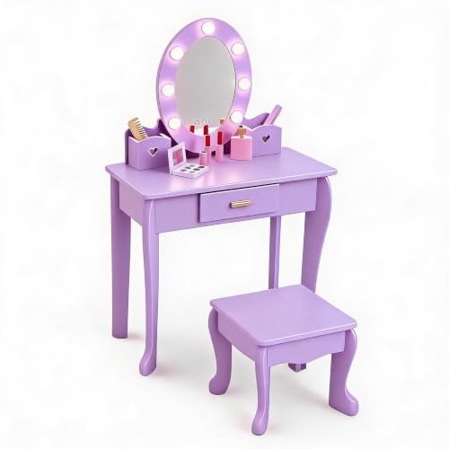 Kids Purple Vanity Set with LED Lighted Mirror and Stool for Ages 4-8