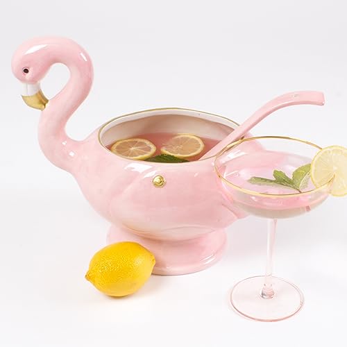 Ceramic Flamingo Punch Bowl with Ladle - 32 Ounce Decorative Serving Set