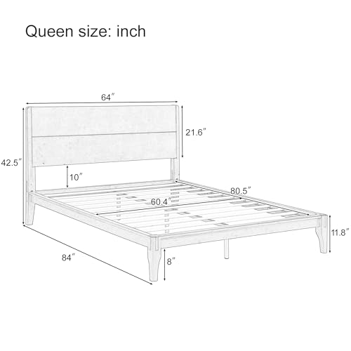 Queen Size Bamboo Platform Bed Frame with Tall Headboard, Noise-Free
