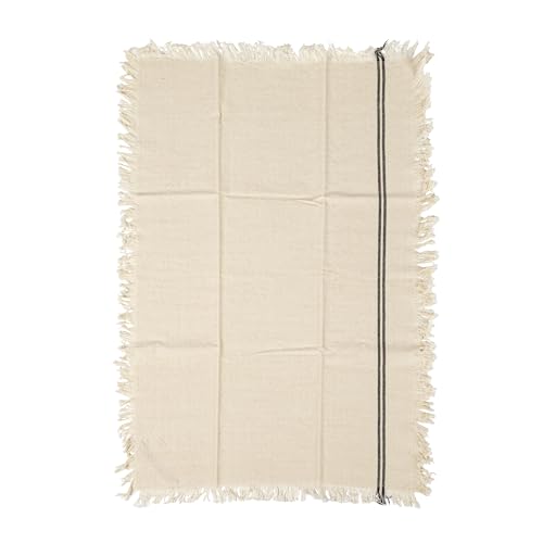Large Woven Cotton Tea Towel with Stripes and Fringe Design for Kitchen, Natural and Black, Set of 2