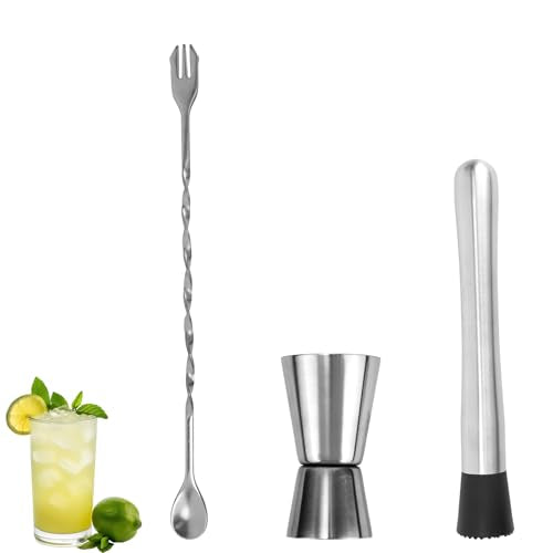 Stainless Steel Cocktail Bar Tool Set with Muddler, Spoon & Jigger