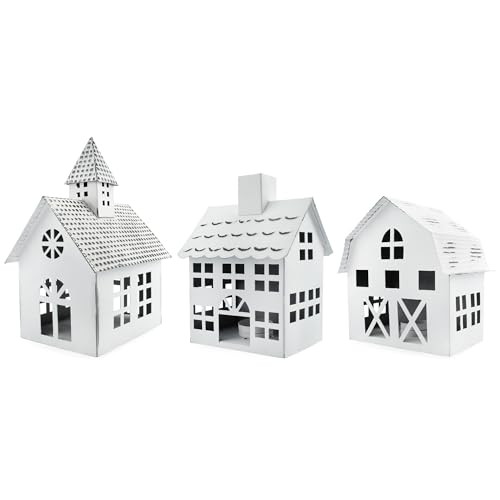 White Metal Farmhouse Christmas Village Set of 3 Candle Lantern Houses
